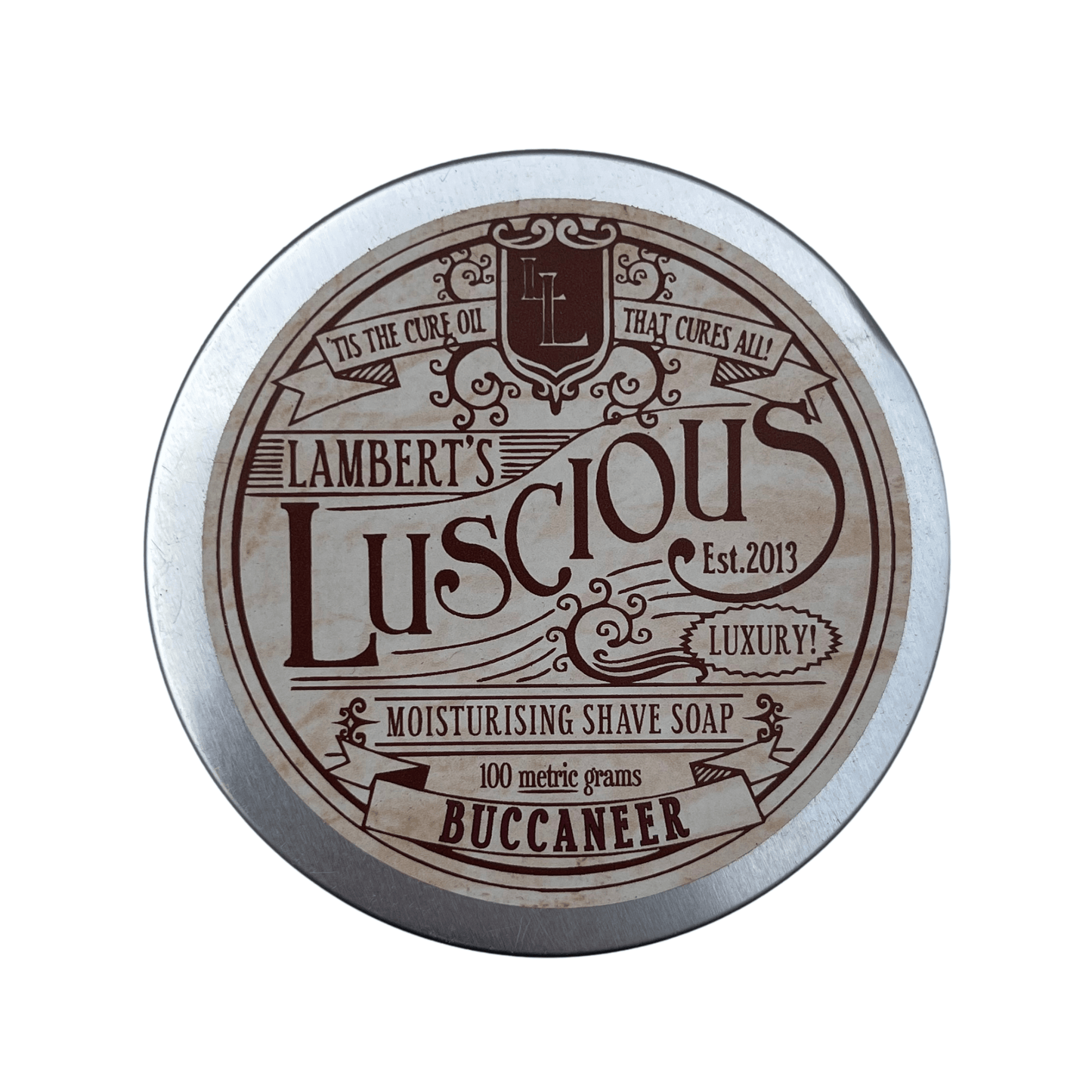 Metal tin of Lamberts Luscious shaving soap.