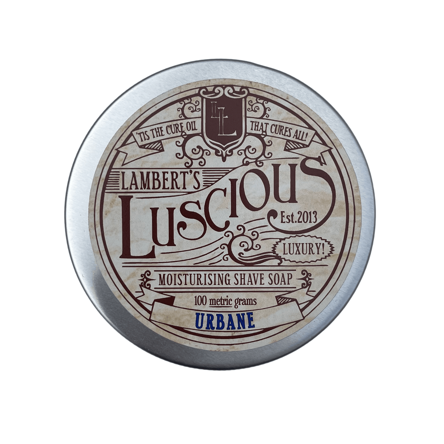 Metal tin of Lamberts Luscious shaving soap.