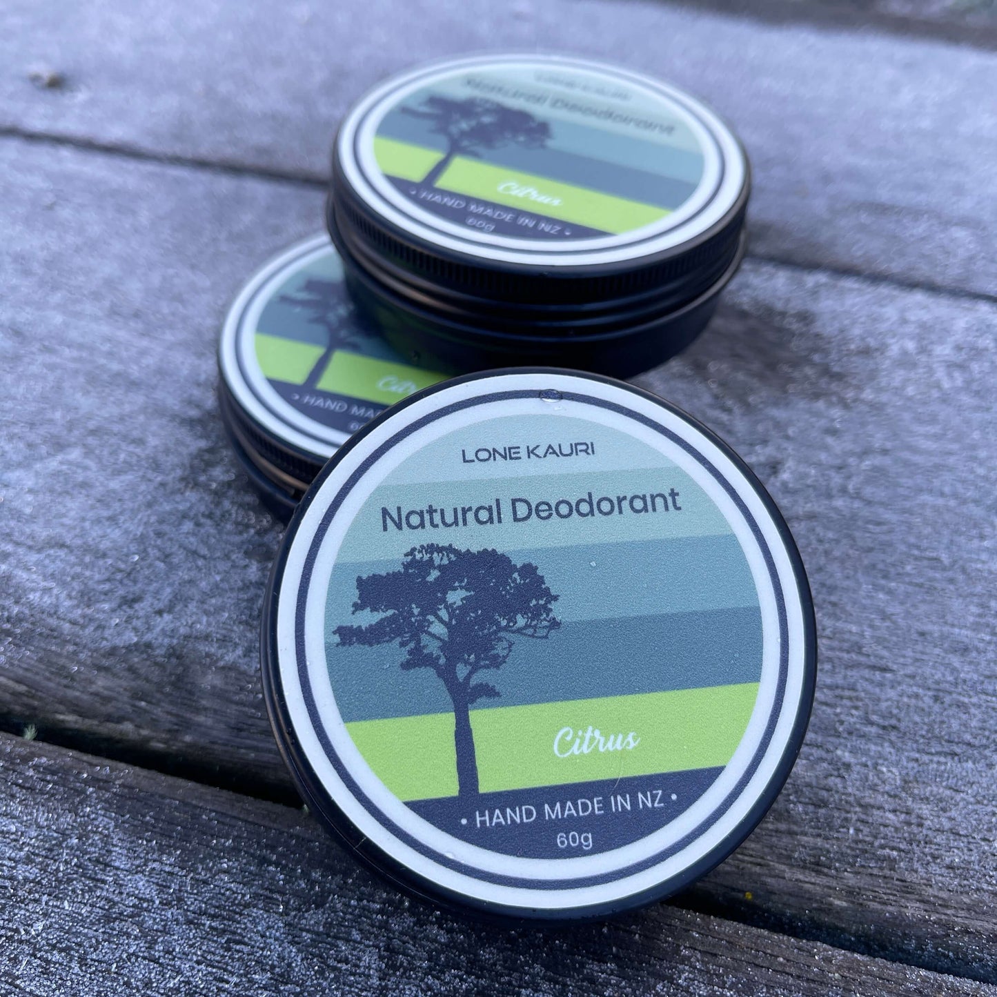 Lone Kauri natural citrus deodorant tins.