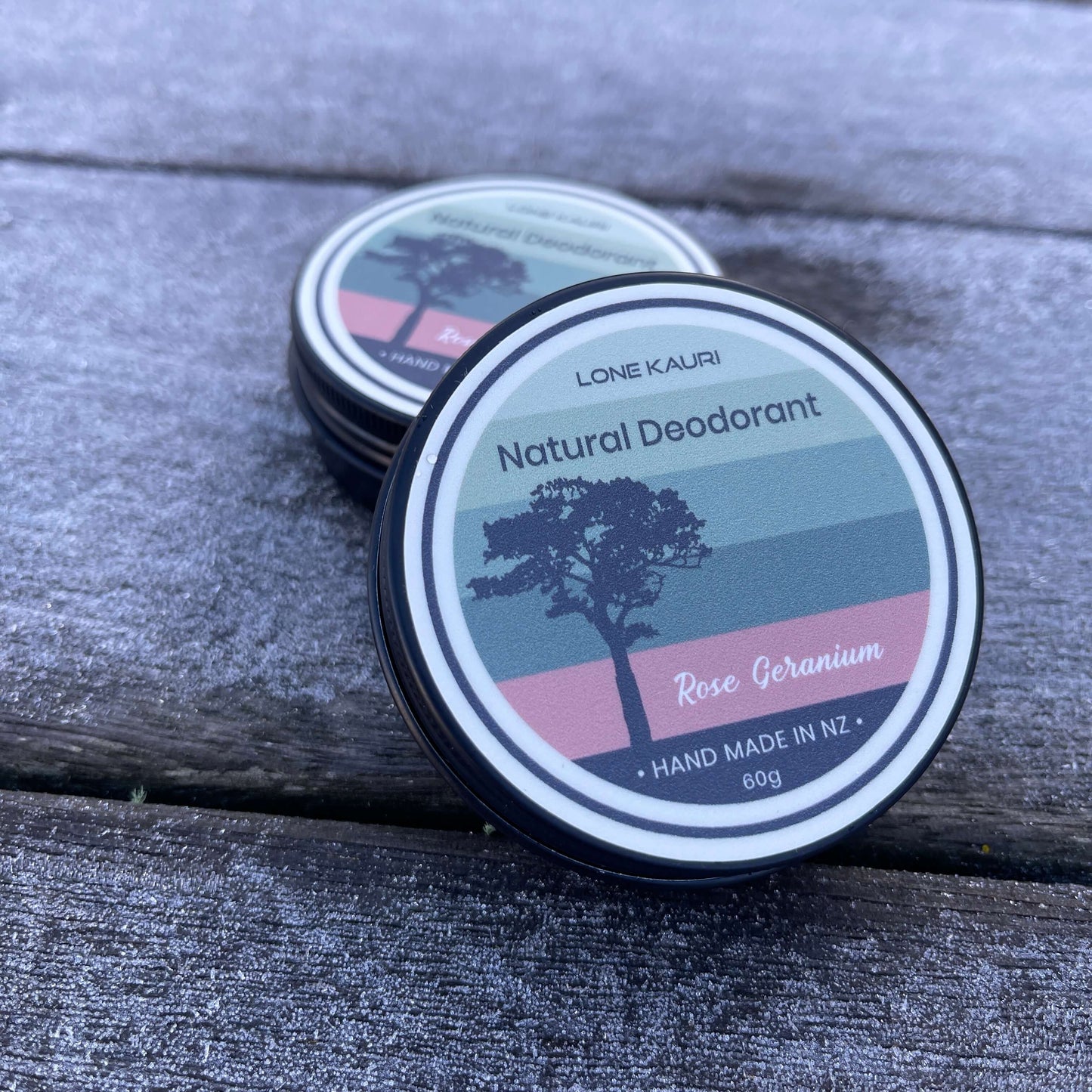 Lone Kauri natural rose geranium deodorant tins.