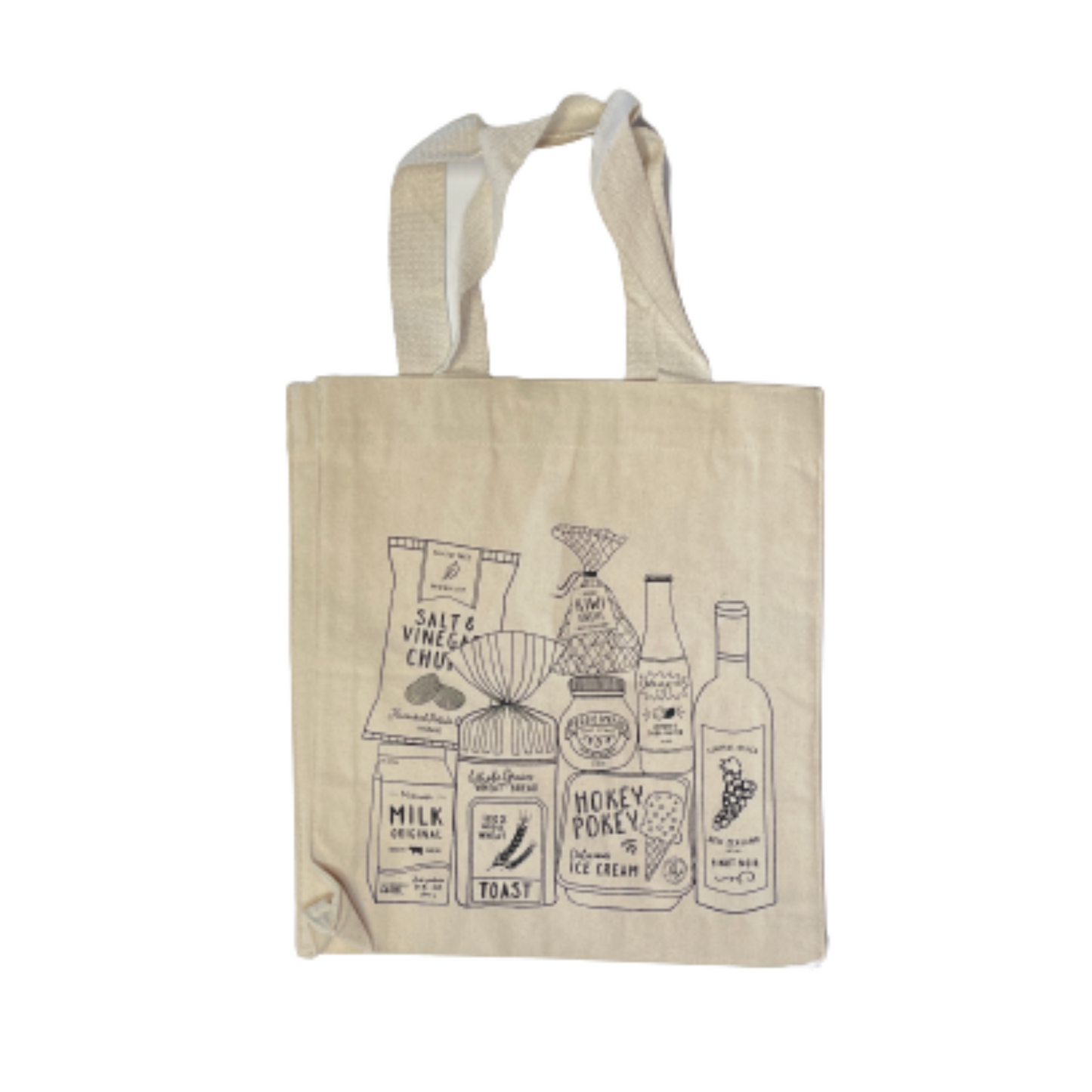Canvas tote bag with black ink print of various Kiwi grocery staples such as bread, wine & hokey pokey ice cream.