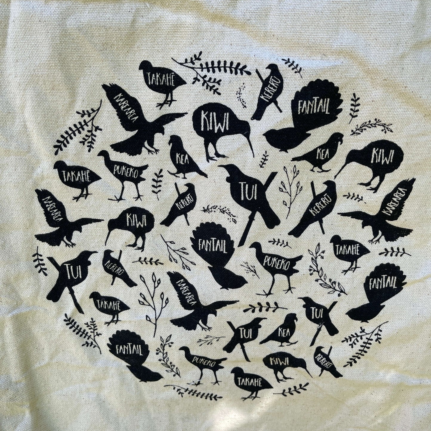 White Canvas tote bag with black print of native NZ birds on it.