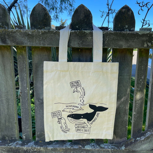 White canvas tote bag with whales and dolphins in black print protesting about plastic use.