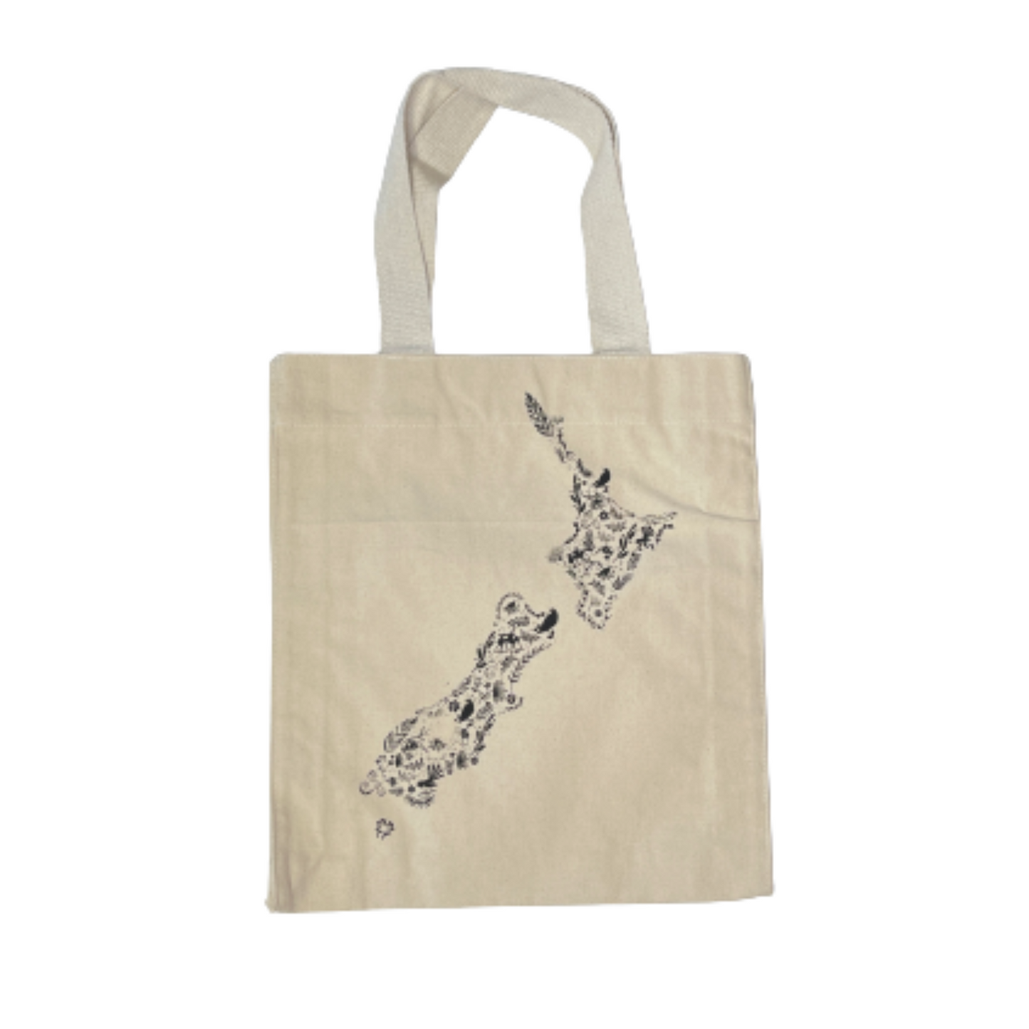 Canvas tote bag with black floral map of NZ printed on it.