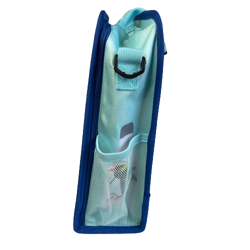Side view of a blue kids satchel bag,