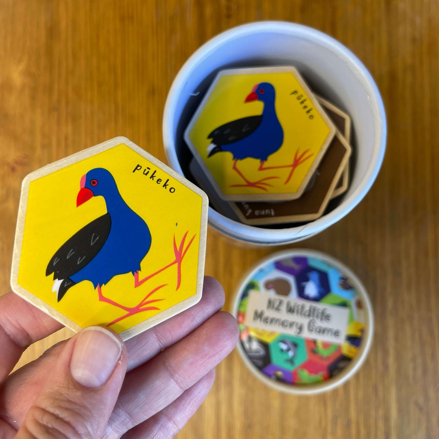Wooden hexagon blocks featuring Pukeko bird as part of an NZ Wildlife Memory Game.
