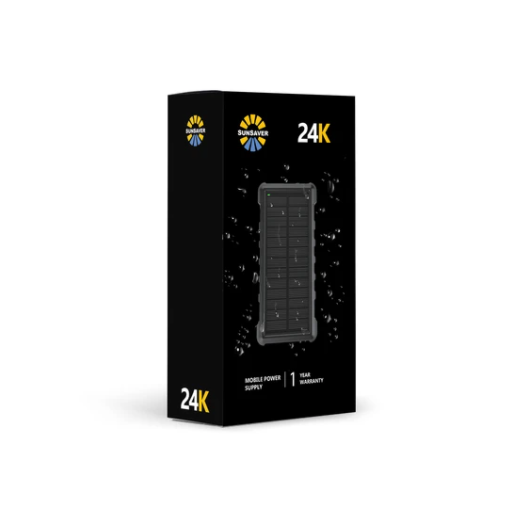 SunSaver 24K, 24,000mAh Solar Power Bank in its packaging and for sale from the school fundraising shop