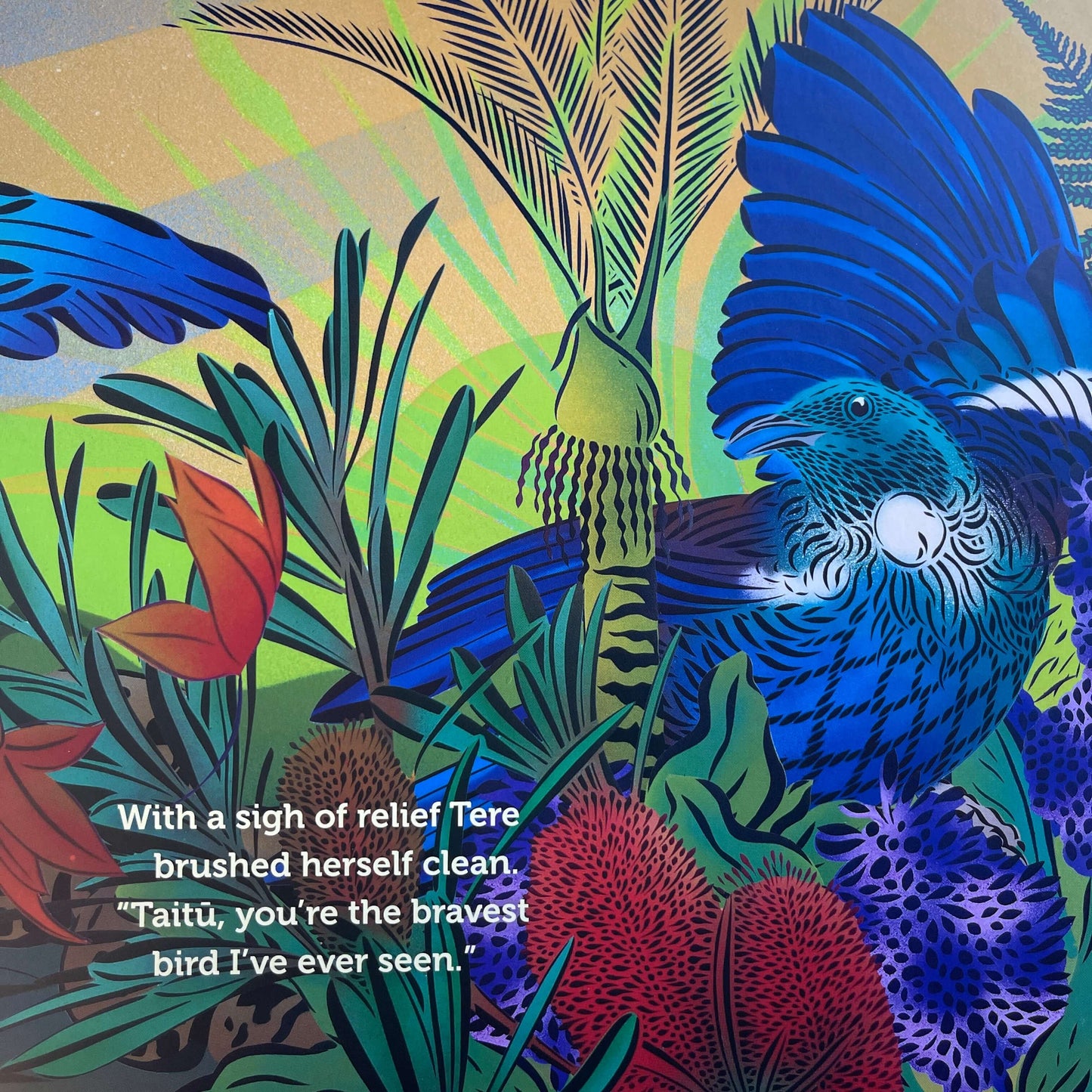 Page from Children's book Tu Meke Tui by Malcolm Clarke and illustrated by Flox.