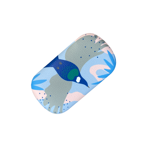 Small trinket case with Tui Bird print in pinks and blues.