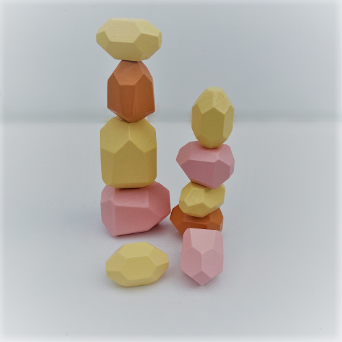 Pastel wood balancing gems.