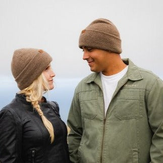 Couple wearing woolen hats.