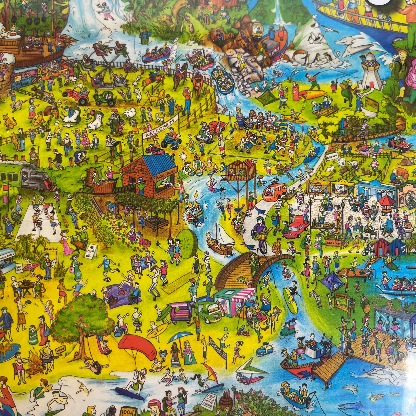 Close up of a Jigsaw puzzle artwork featuring a outdoor activities around New Zealand.