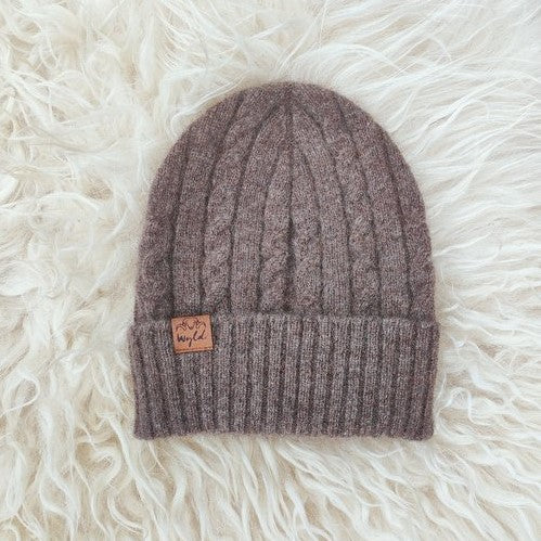 Cable knit beanie in natural brown wool from Wyld