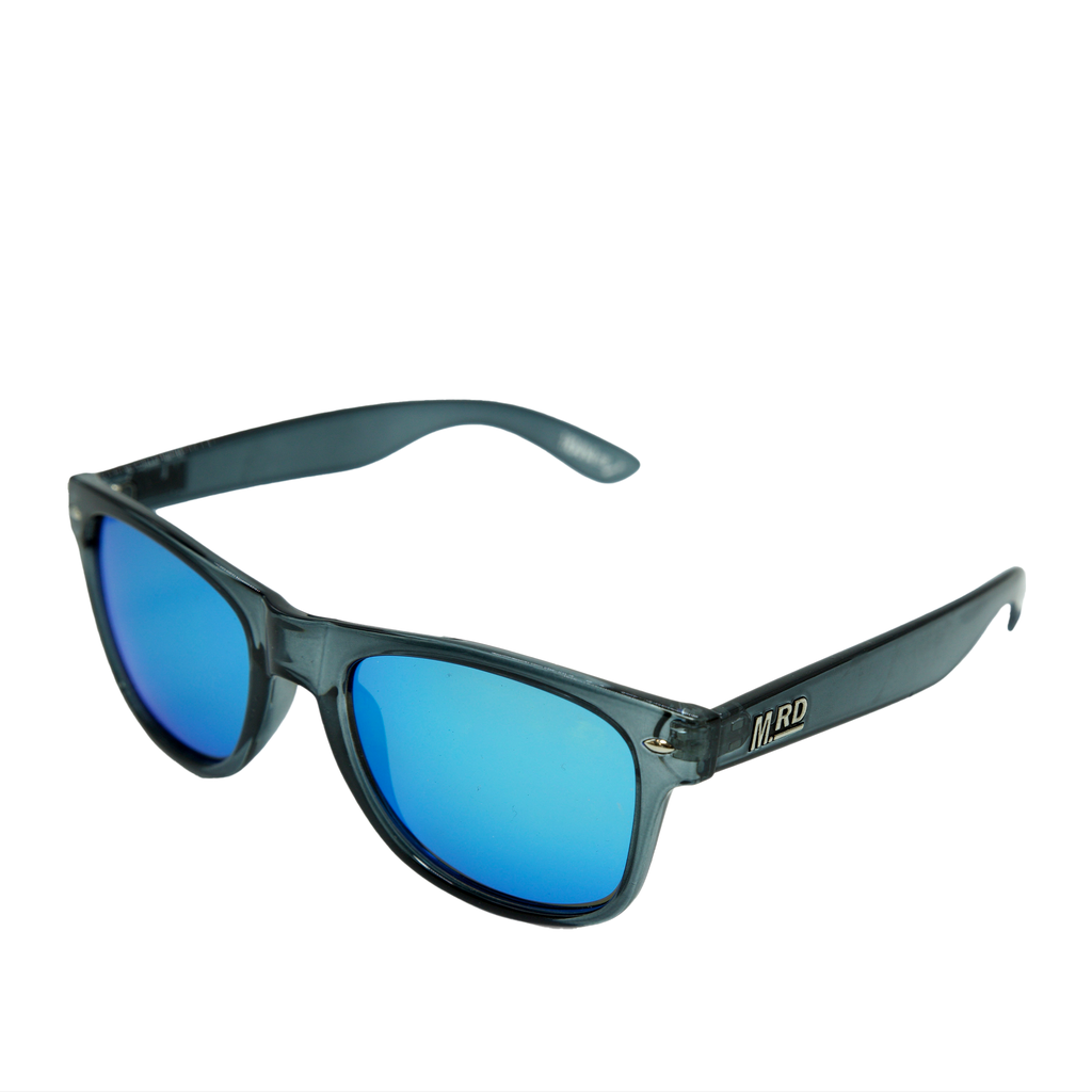 Sunglasses with blue lenses and grey frame on a white background