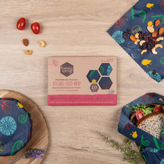 Honeywrap reusable food wrap made from organic cotton and a bees wax blend. Used to wrap over foods instead of using single use plastic. This is a pack of 3