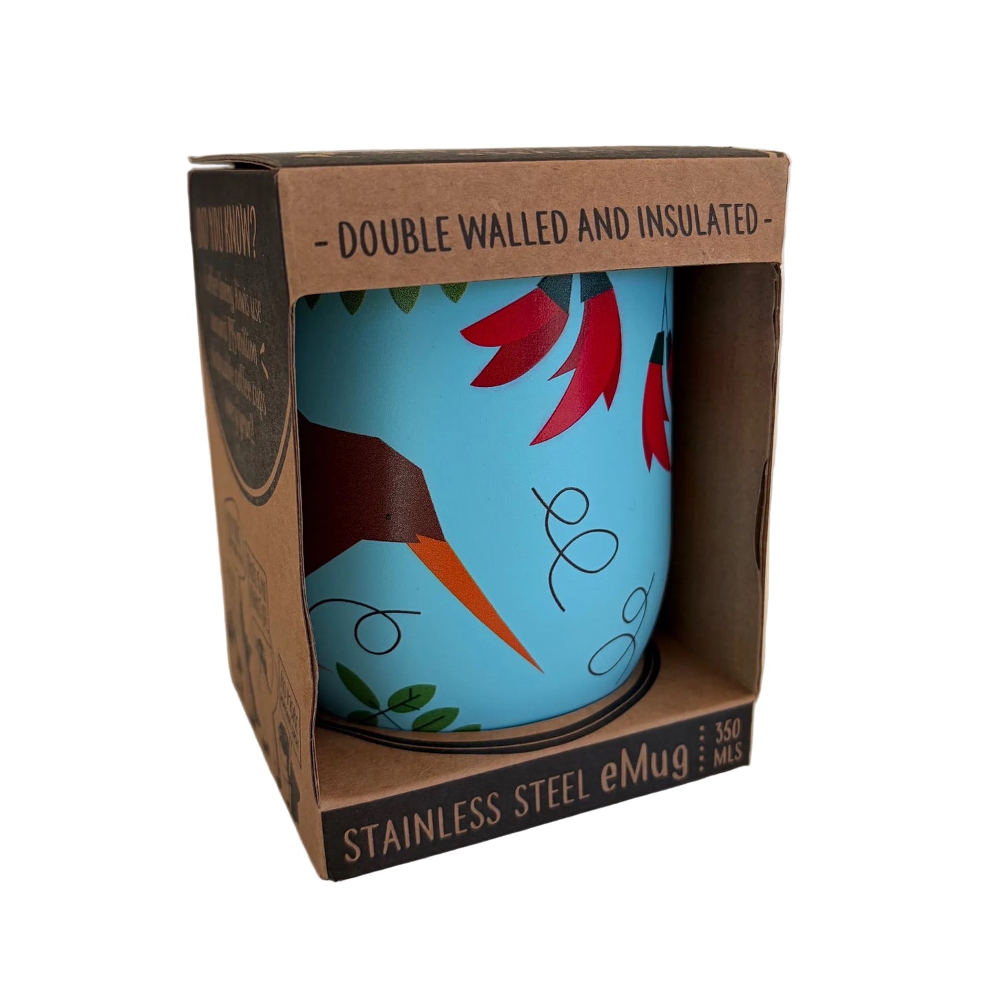 A light blue insulated stainless steel eMug mug with a brown kiwi bird, red kaka flower green leaf pattern, presented inside its brown cardboard packaging.