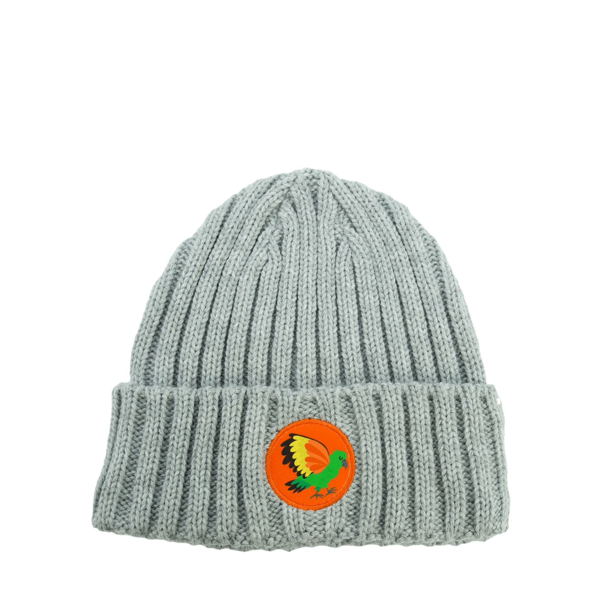 Kids grey knit beanie with Kea bird emblem.