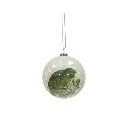 Light grey Christmas bauble featuring a Kea bird on native NZ flowers.