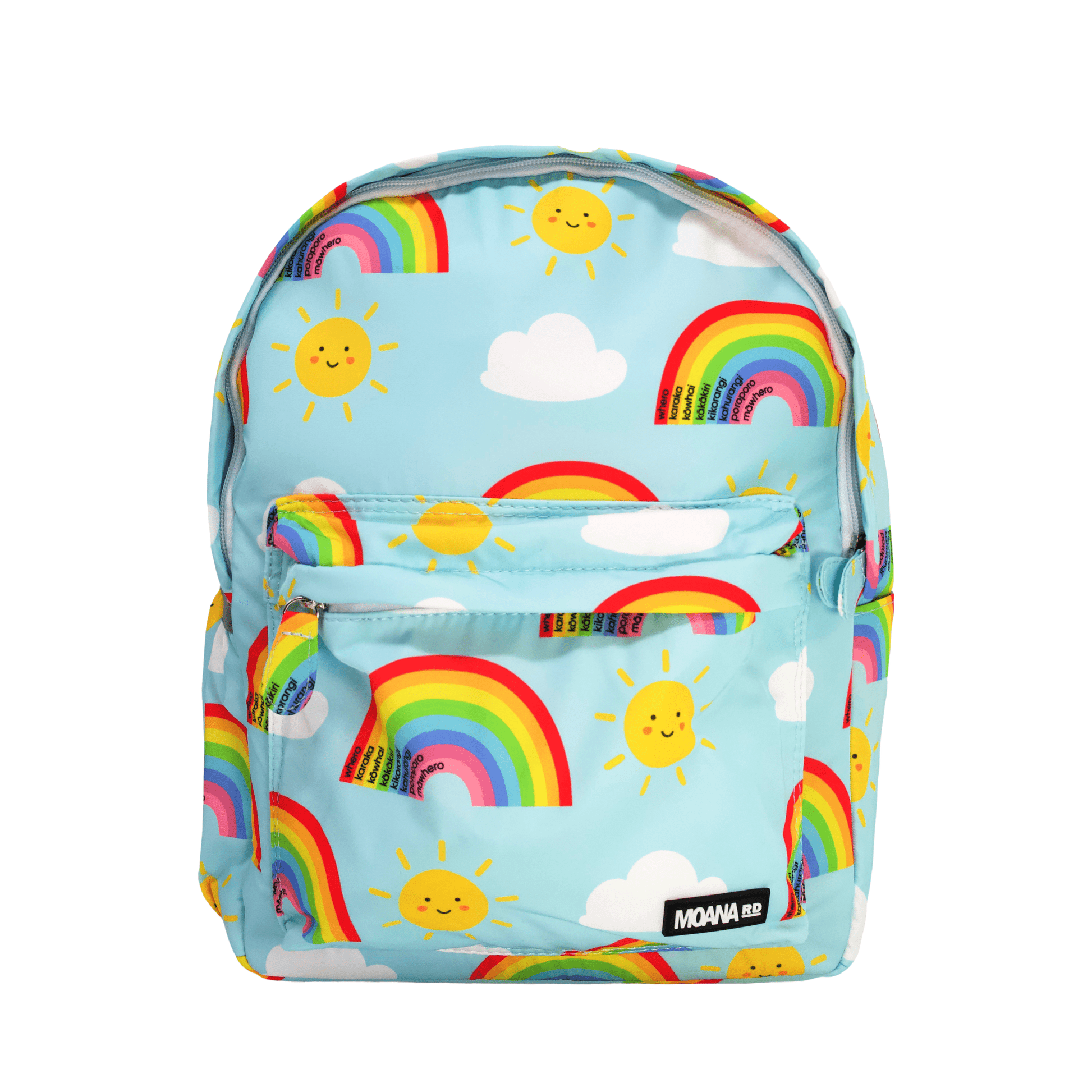 Light blue kids backpack with yellow smily face sun pictures and rainbows with te reo colours.