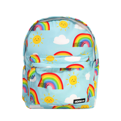 Light blue kids backpack with yellow smily face sun pictures and rainbows with te reo colours.