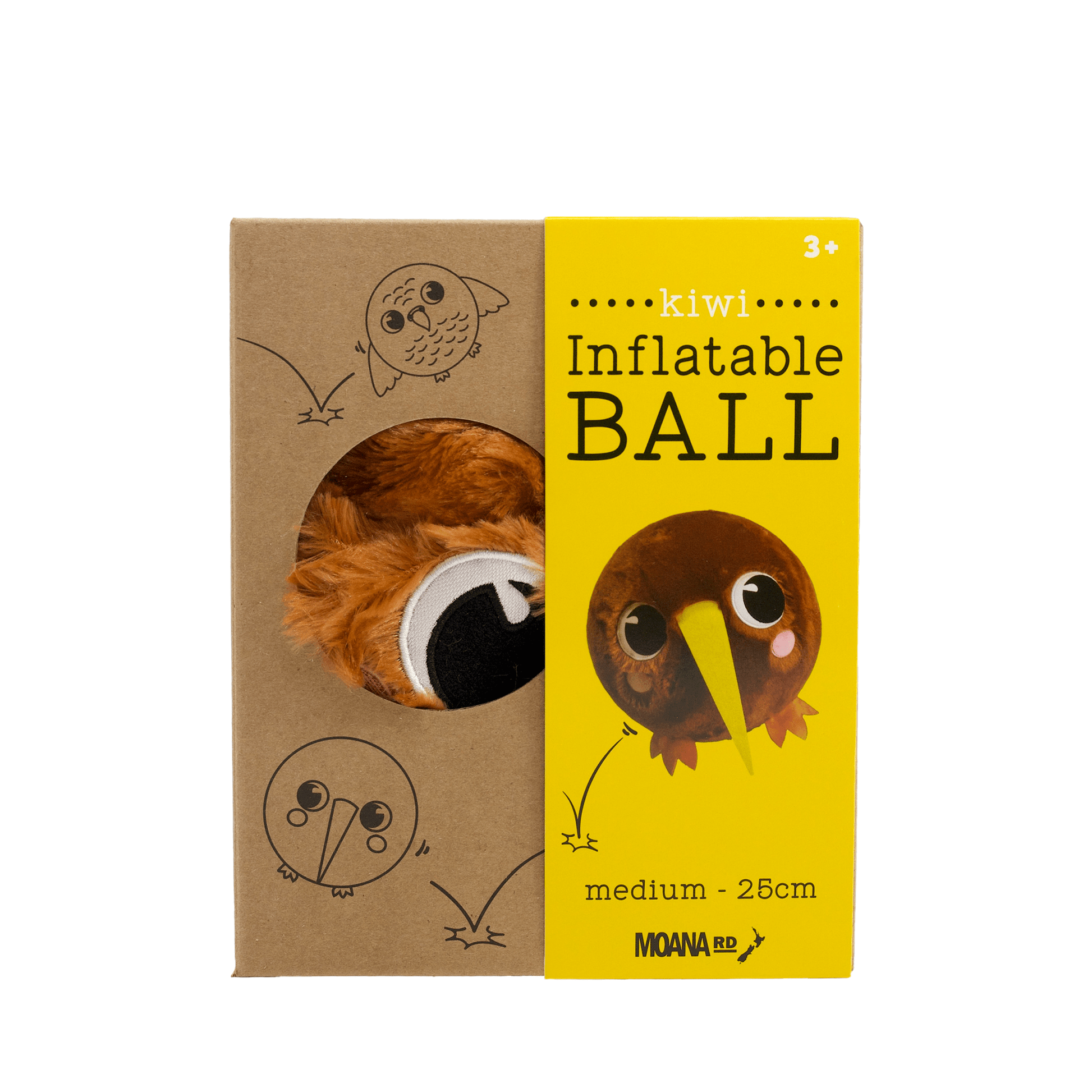 Kiwi plush inflatable bird ball size medium in cardboard packaging.