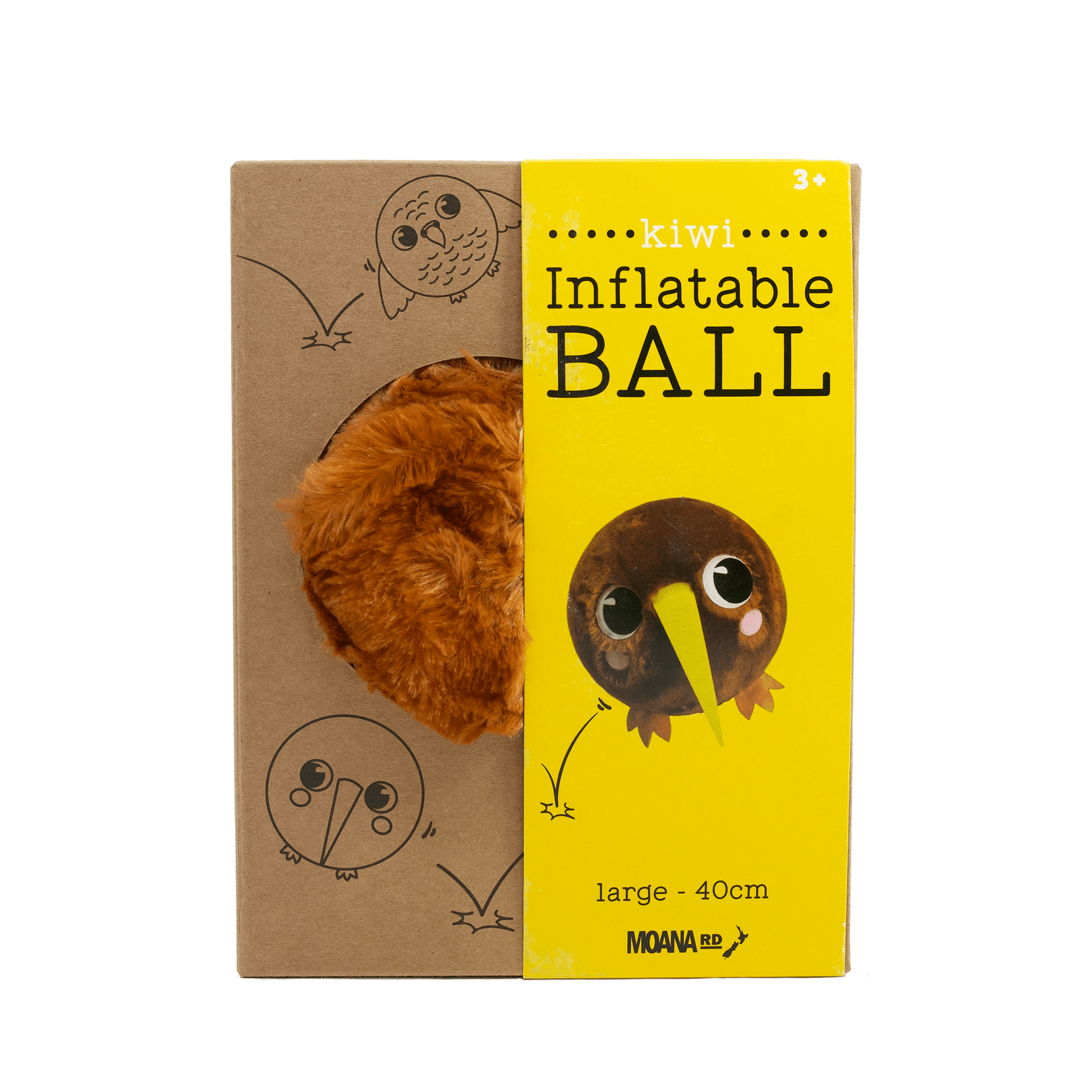 Kiwi plush inflatable bird ball size large in cardboard packaging.