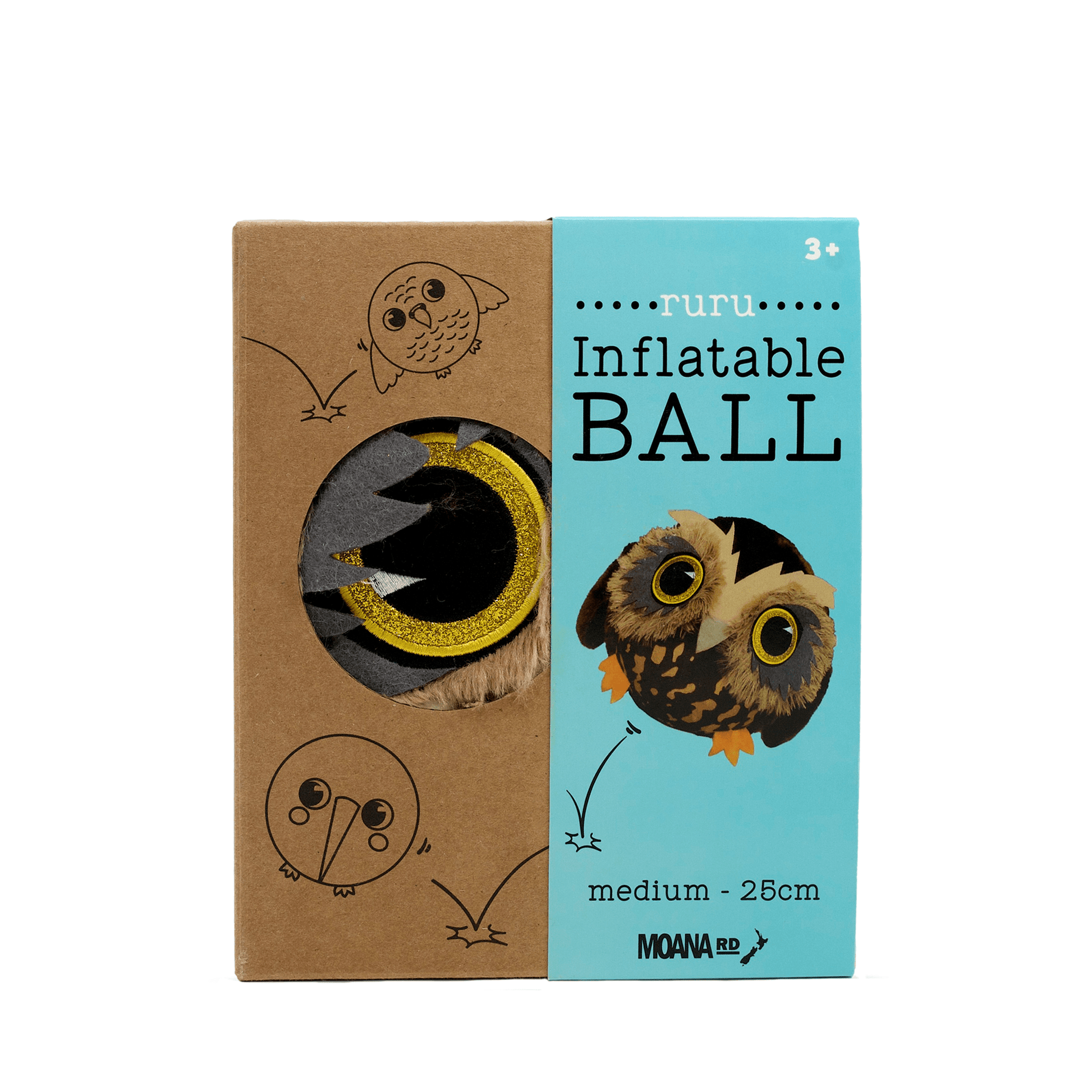 Front of packaging for a plush Ruru inflatable bird ball in medium.