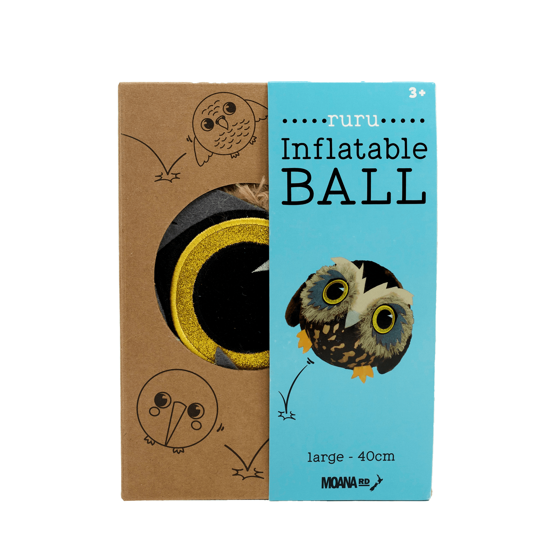 Front of packaging for a plush Ruru inflatable bird ball in large.
