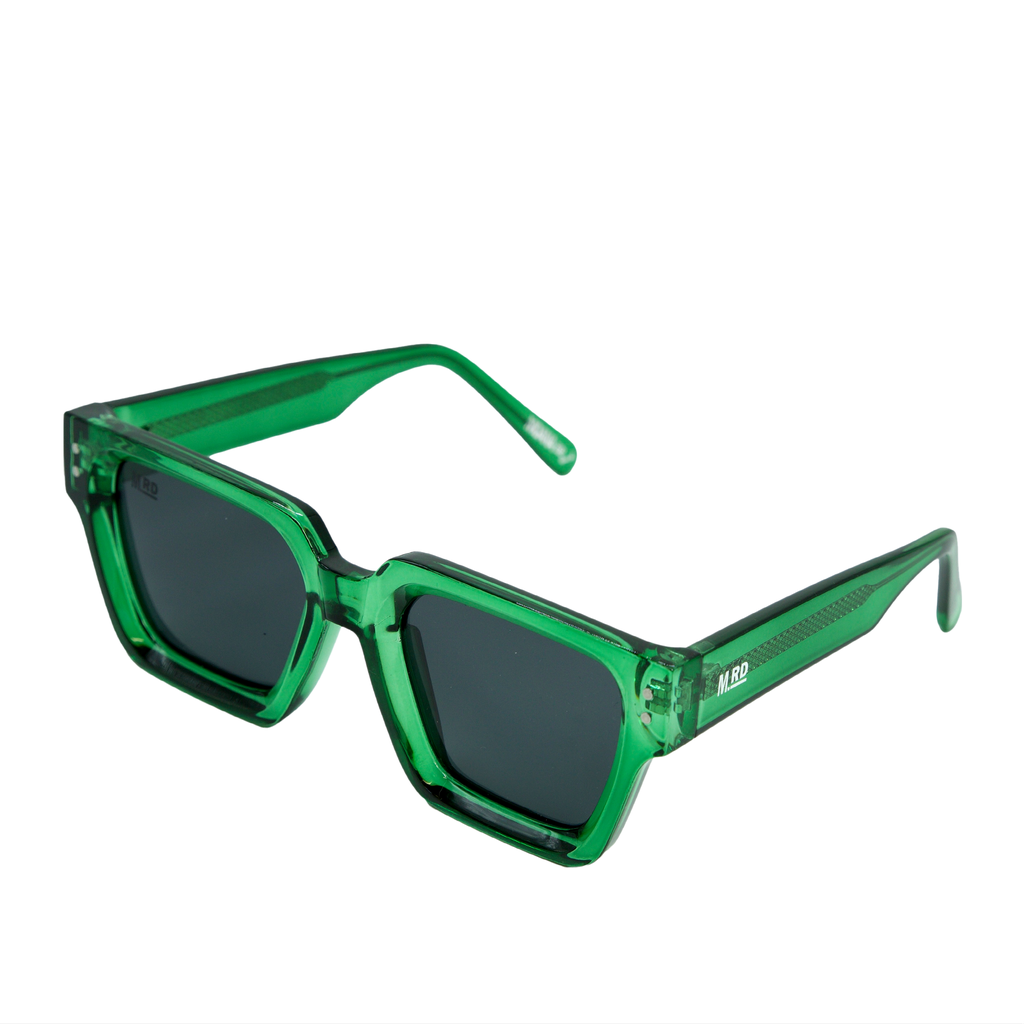Green translucent square sunglasses with dark lenses and a visible 'MRD' brand logo on the temple, shown on a plain white background.