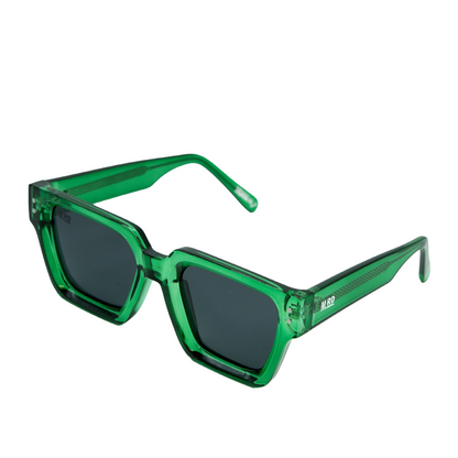 Green translucent square sunglasses with dark lenses and a visible 'MRD' brand logo on the temple, shown on a plain white background.