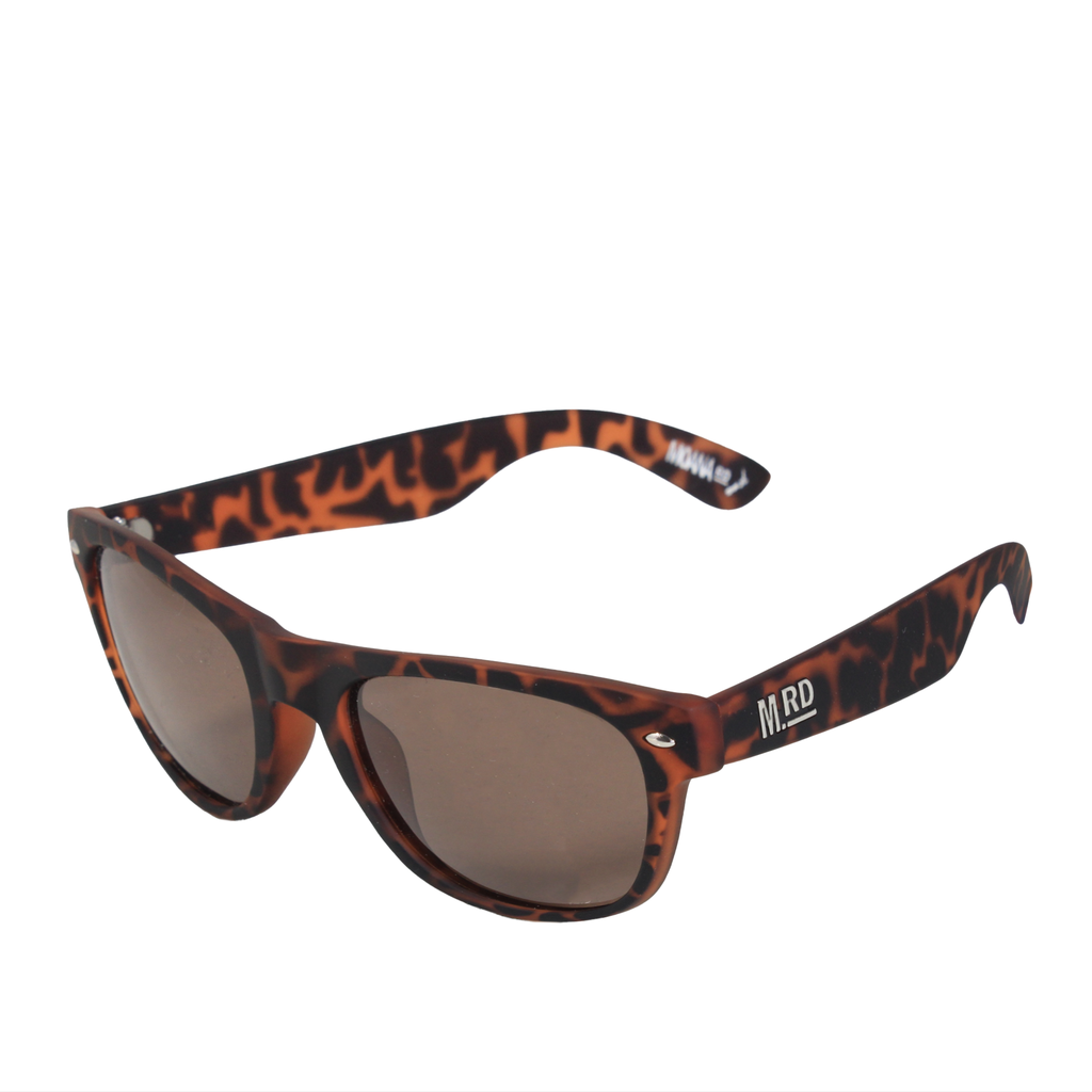 Sunglasses with tortoiseshell frame and brown lenses on a white background