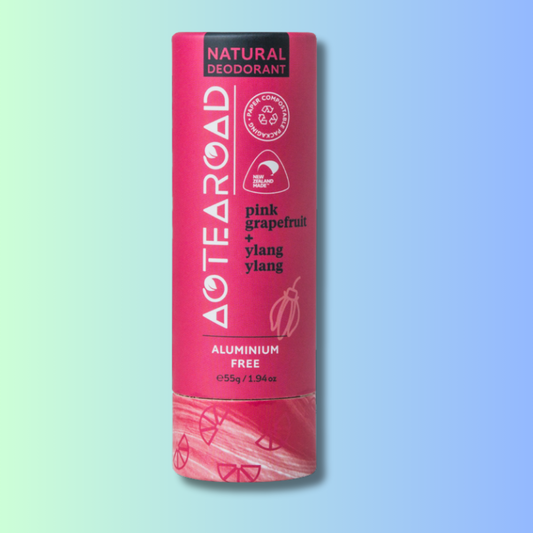 Natural deodorant stick in pink grapefruit and ylang ylang scent by Aotea Road.