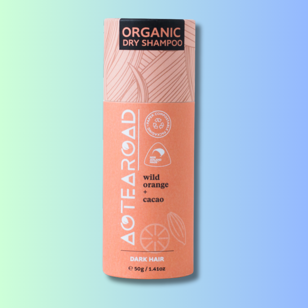 Organic dry shampoo for dark hair in a cardboard tube from Aotearoad.