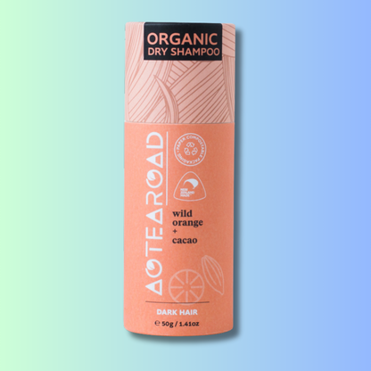 Organic dry shampoo for dark hair in a cardboard tube from Aotearoad.