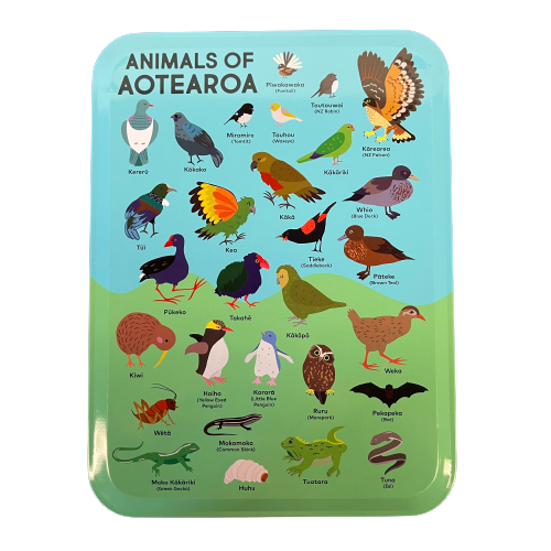 Storage tin in blue and green with Animals of Aotearoa printed on it and inside is a matching puzzle.
