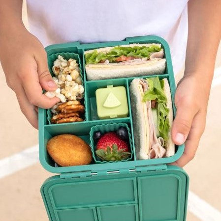 Green Bento style lunch box filled with various lunch snacks, neatly packed into 5 individual compartmentss.