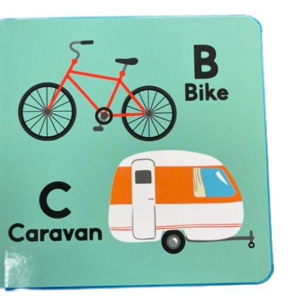 Page from a childrens book showing B for bike and C for caravan.