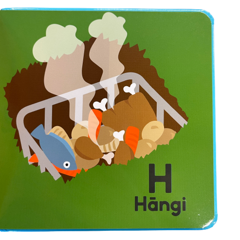 Page from a childrens book showing H is for Hangi.