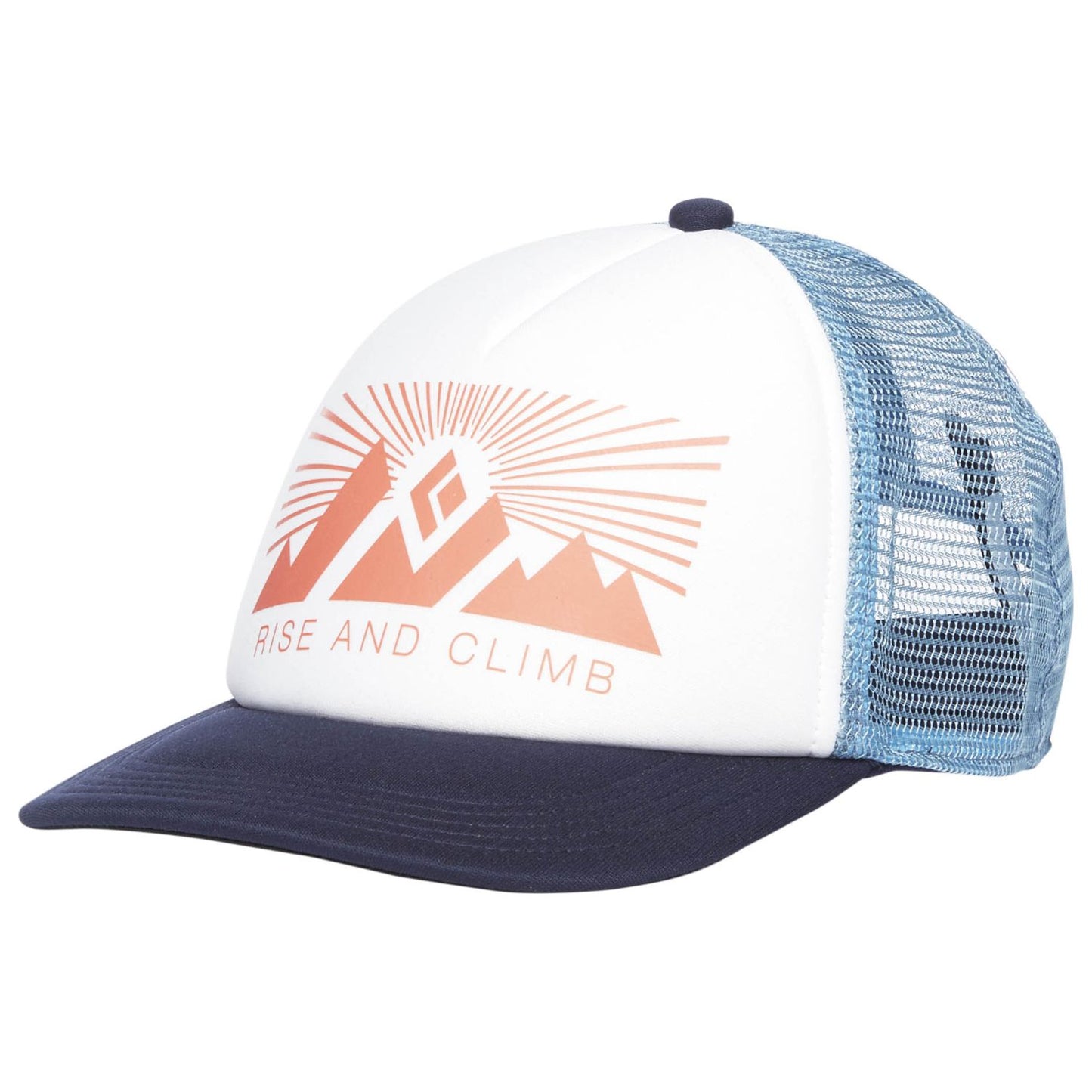 Blue brim trucker hat with white front and red Rise and Climb logo.