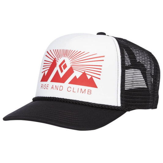 Black brim trucker hat with white front and red Rise and Climb logo.