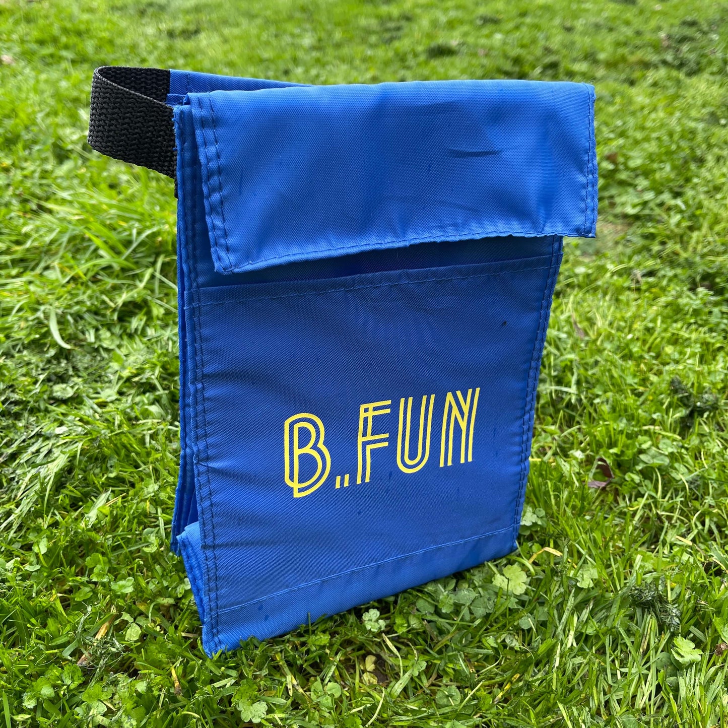 Insulated lunch carry bag in blue with yellow text saying B.FUN sitting on green grass.