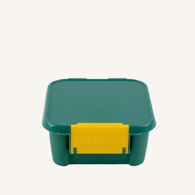 Green bento style lunch box with yellow clip for Little Lunch Box Co.