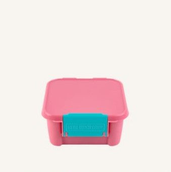 Pink bento style lunch box with blue clip from little lunch box co.