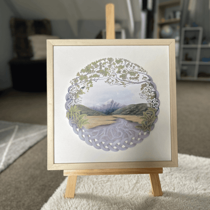 3D digital print art work of a braided river, mountain and celtic braid.