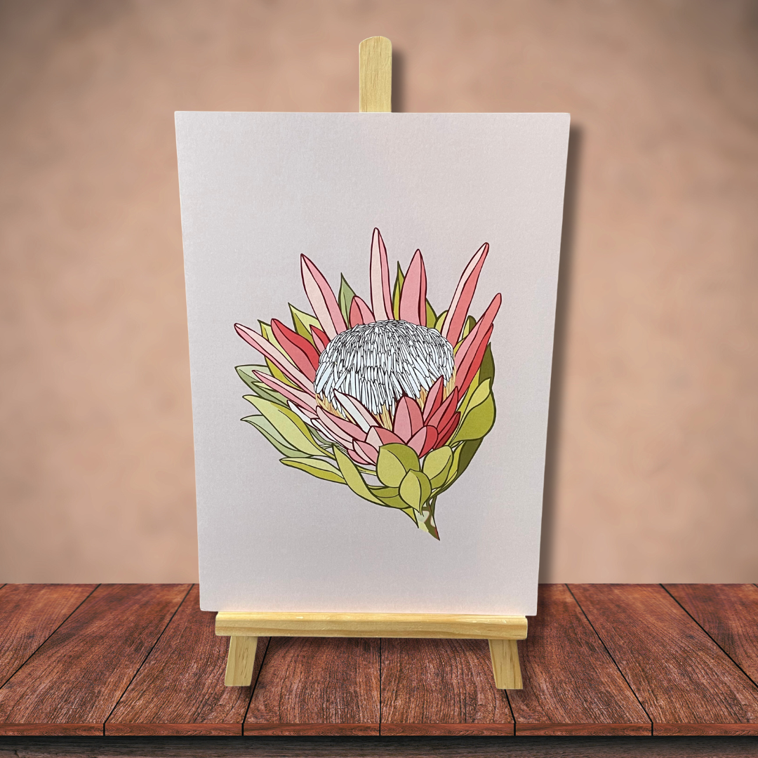 Digital print artwork by Bridget King featuring a pink King Protea flower.