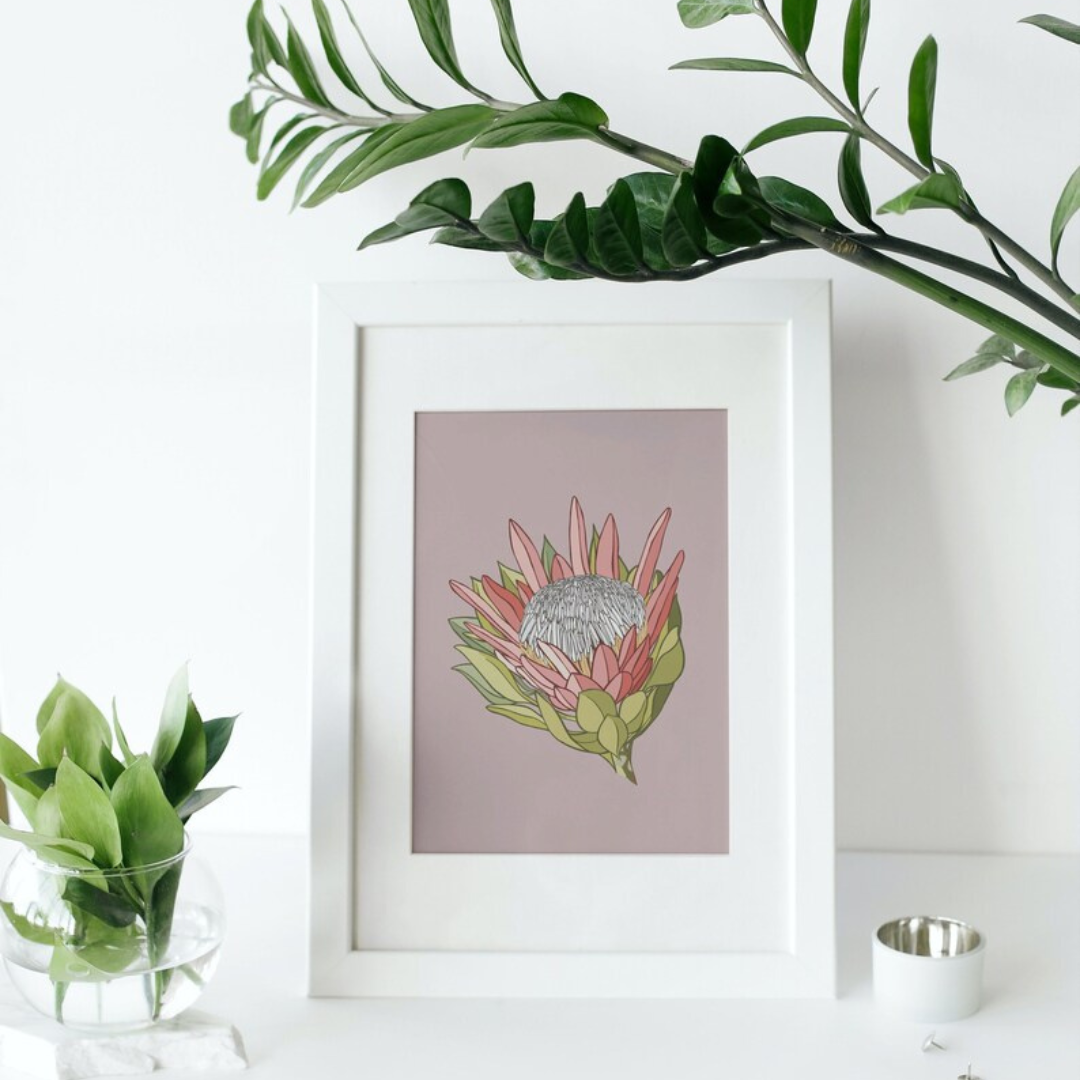 Digital print artwork by Bridget King featuring a pink King Protea flower.