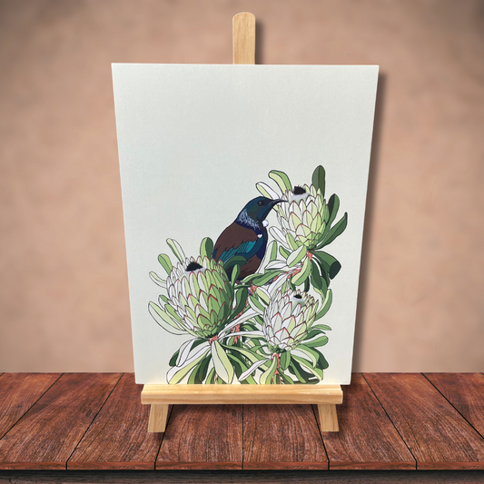 Digital art print by Bridget King featuring a Tui bird nestled amongst protea flowers.