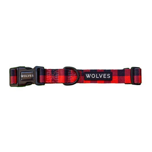 Red & black checked dog collar with "Wolves" logo.