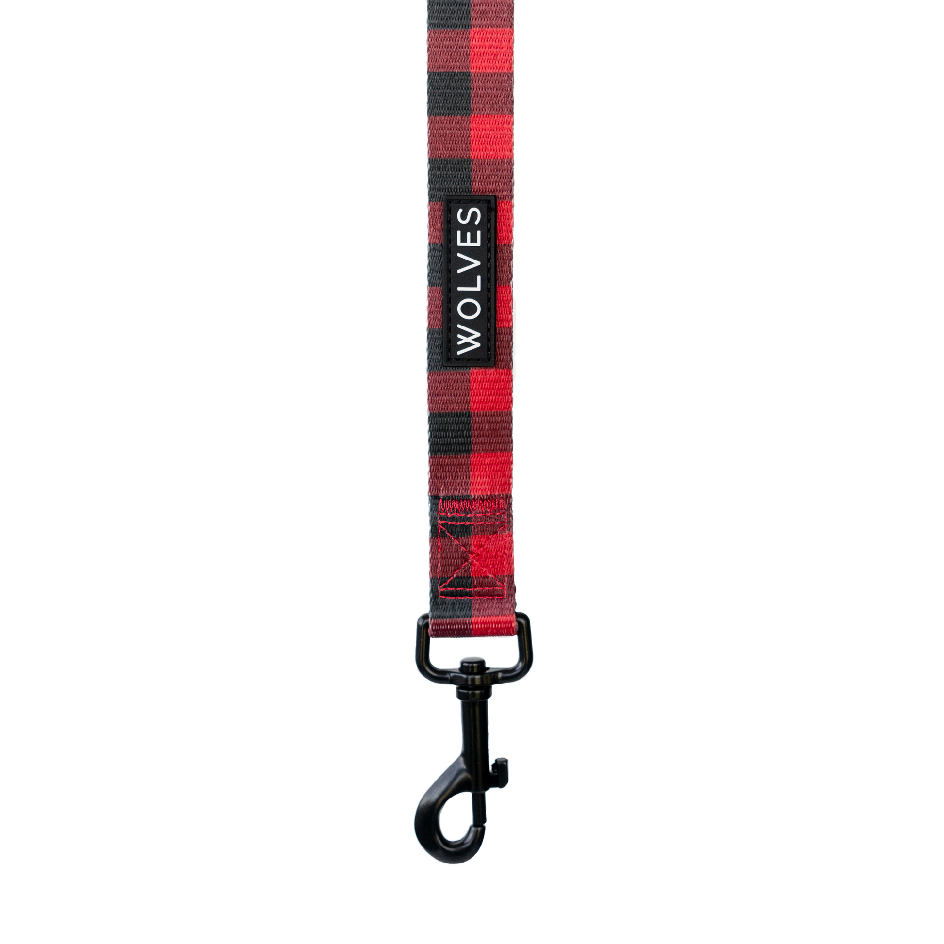 Red & Black checked dog leash with "Wolves" logo.