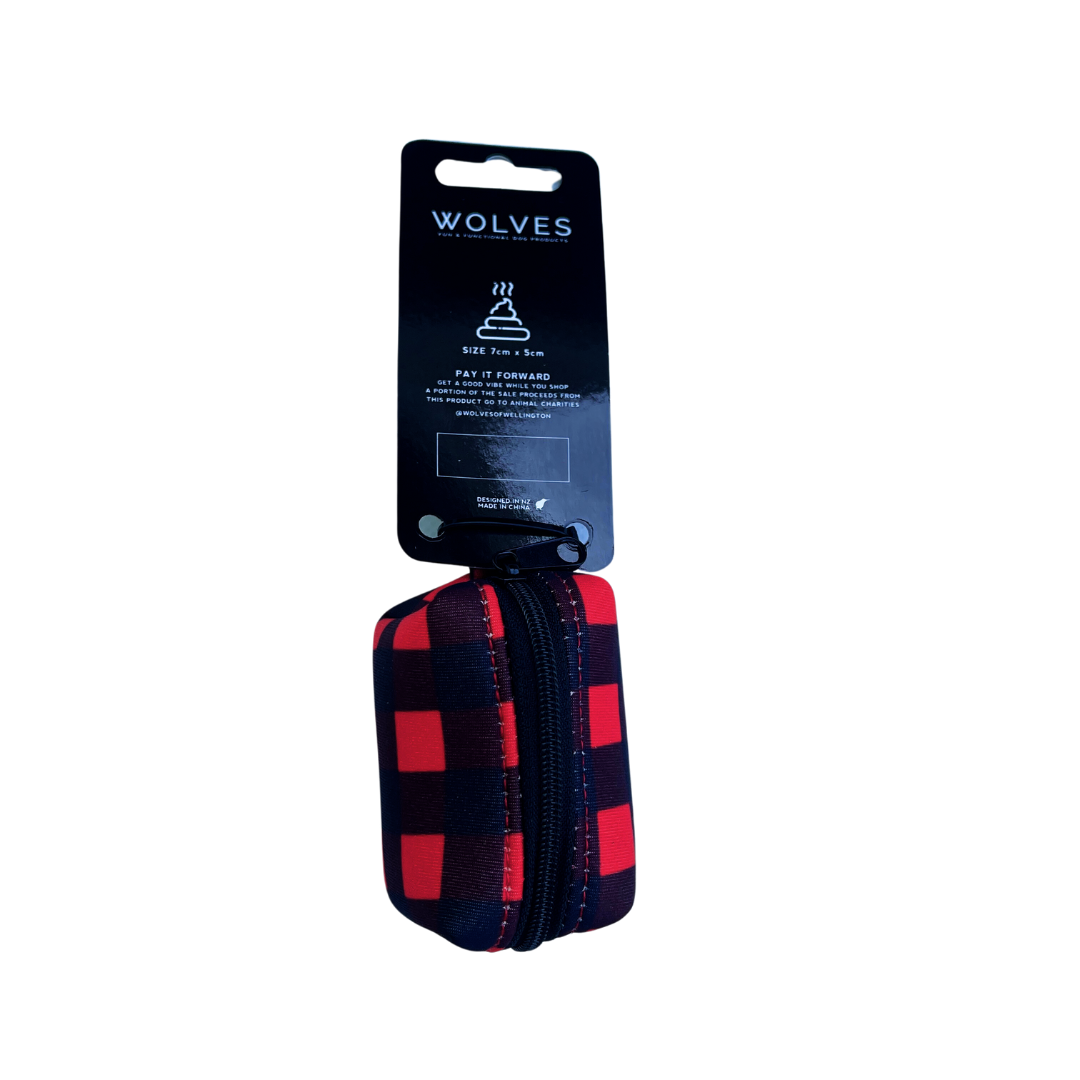 Neoprene dog poop bag pouch in red and black check pattern.